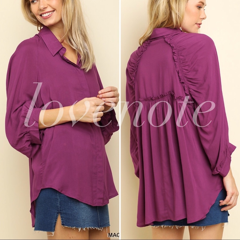 LAST! 3/4 Sleeve Button Front Gathered Ruffle Back - Picture 2 of 5